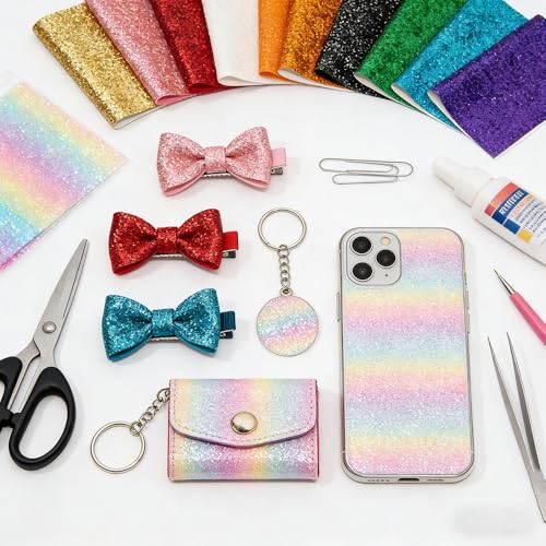 10 Pcs Neon Color Glitter Faux Leather Sheets Shimmer Chunky Sequins Synthetic Faux Fabric 8x12 Inch for DIY Earrings, Hair Bows, Pouches & Crafts - Perfect for Crafting Enthusiasts
