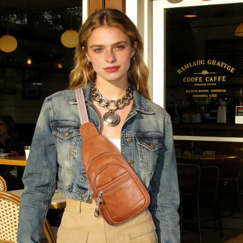 BIAVOI Crossbody Purses Bags for Women Travel, Anti Theft RFID Blocking Sling Chest Bag, Small Vegan Leather Purse for Casual - color: Brown