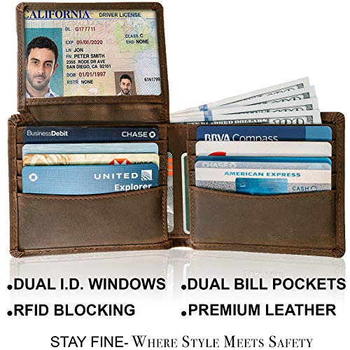 Top Grain Leather Wallet for Men | RFID Blocking | Extra Capacity Bifold Wallet with 2 ID Windows | Ultra Strong Stitching | Slim Billfold with 8 Card Slots | Gift for Him - color: Brown