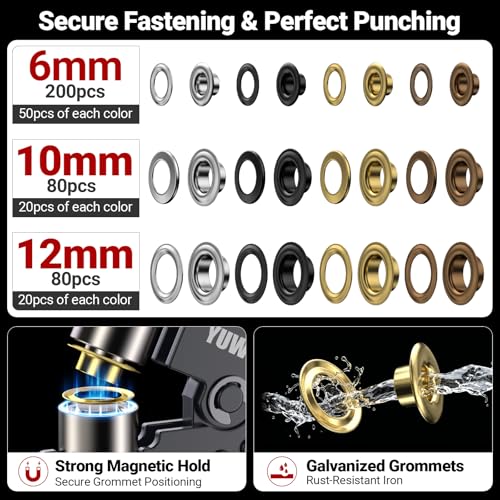 Grommet Tool Kit 1/2" 1/4" 3/8" Multi-Size Hole Punch with Case, 360 Pcs Eyelet Set and Grommets Kit | Punch Self-Locking Eyelet Plier for Tarps, Canvas, Tents, Leather, Vinyl and Fabric Rings - size: 1/2" 1/4" 3/8"