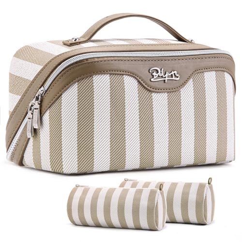 BOYATU Travel Makeup Bag for Women: 3 Pcs Set Striped Make up Bag,Apricot | Vegan Leather Cosmetic Bags with Compartments - Waterproof Large Capacity Toiletry Bags - 180° Open-Flat Makeup Organizer - color: A-6-Apricot