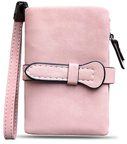 AOXONEL Women's Small Bifold Leather wallet Rfid blocking Ladies Wristlet with Card holder id window Coin Purse - color: Pink3