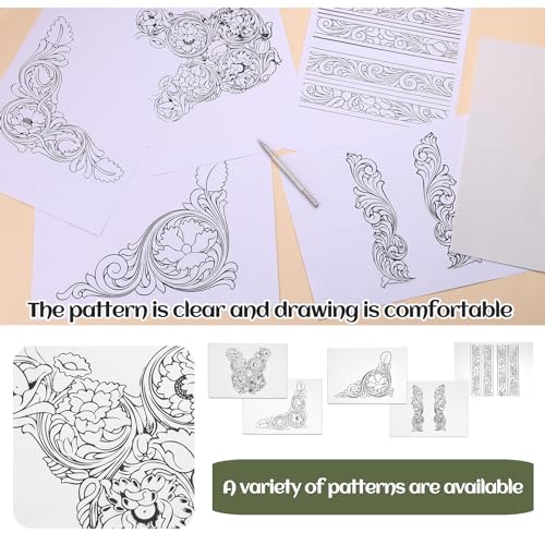 QMNNMA Leather Scriber Pen, Leather Positioning Pen | Steel Picker Pen with Carving Pattern Description Paper, Leather Tooling Patterns, Leather Marking Tool for DIY Crafts