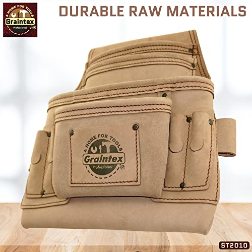 Graintex ST2010 10 Pocket Nail & Tool Pouch Top Grain Leather for Framers, Constructors, Electricians, Plumbers, Handyman