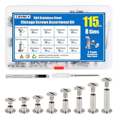 115 Sets Chicago Screws Kit for Leather Crafts, 304 Stainless Steel Binding Screws Rivet, 8 Sizes (M5x4/5/6/8/10/12/15/20mm) Binding Post with Tools (Silver) - color: Silver