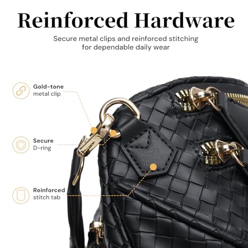 Woven Vegan Leather Bum Bag for Women, Crossbody Fanny Pack with Coin Purse | Removable 2-inch-wide strap adjusts to a 14–24.5-inch drop; dual zip compartments, reinforced hardware, 1.1-lb design - color: Black