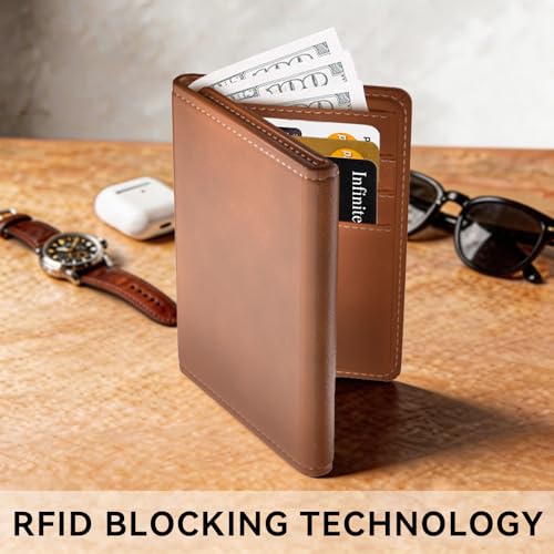 Trifold wallets for Men, RFID Blocking Trifold Wallets, Mens Genuine Leather Trifold Wallets, 8 Card Slots and ID Window, Slim Durable and Easy to Carry - color: Vintage Brown