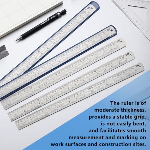 6 Pcs 16 Inch Stainless Steel Ruler Set, Metal Straight Edge with Inch and Metric Scale, Non Bendable Measuring Tool for Woodworking, Drafting, Sewing & Construction, Tailoring & Surveying - size: 16 Inch