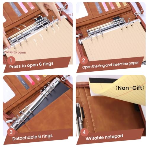 A5 Binder 6 Ring with Zipper, Portable Planner for Travel & Study - color: Brown