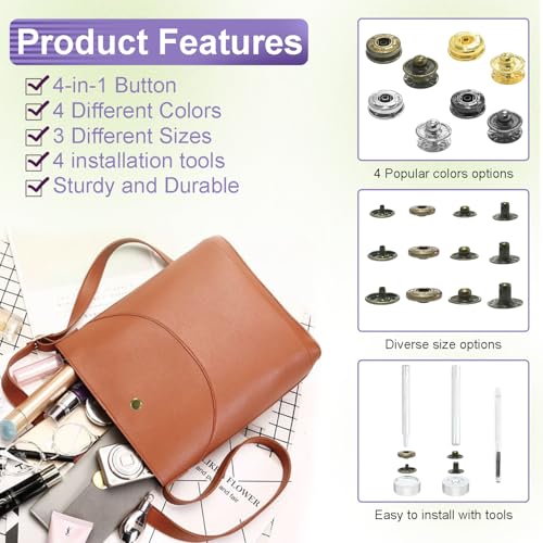 100Sets Snaps Button Kit, 12mm Leather Snaps Fasteners, Metal Button Press Studs with 4 Install Tools 4 Colors for Leather Bag Clothes Jackets Jeans Wears Bracelets Fashion DIY Sewing - color: 12mm Cap Dia.Assorted + Tools 100sets