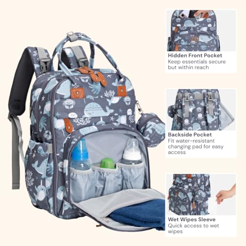 BabbleRoo Diaper Bag Backpack - Baby Essentials Travel Tote - Multi Function Water Resistant Diaper Bag, Travel Essentials Baby Bag with Changing Pad, Stroller Straps & Pacifier Case - Sea Animals - color: Sea Animals, size: Large