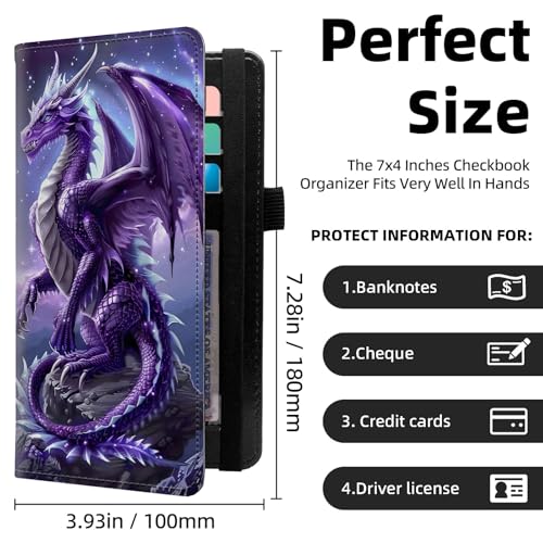 Checkbook Cover for Duplicate Checks, RFID Blocking PU Leather Checkbook Holder for Women Men, Slim Check book Covers with Pen Slot and Sturdy Writing Support, Purple Dragon Wings