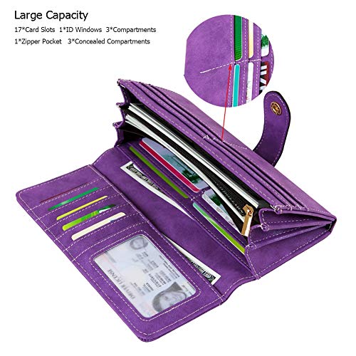 Women's Vegan Leather 17 Card Slots Card Holder Long Big Bifold Wallet - color: Purple