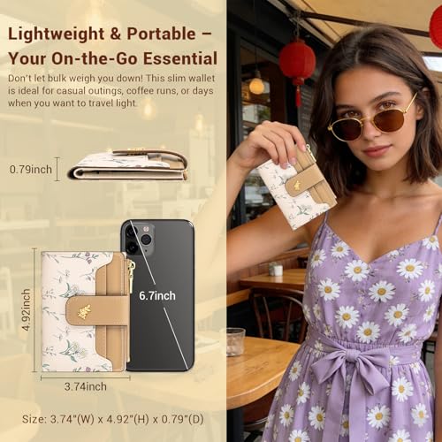 YINHEXI Women’s Wallet, Compact and Small Bifold PU Leather Card Holder, Mini Purse with Coin Pocket for Ladies, Girls (Floral Kahki) - color: Floral Kahki