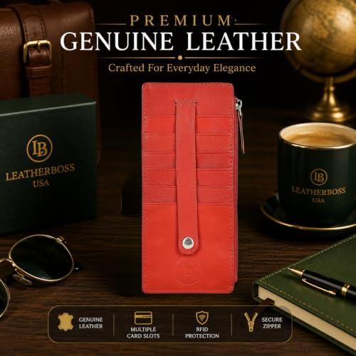 Leatherboss Genuine Leather Women's All in One Credit Business Card Case Holder Slim Zipper Wallet With a Card Protection Strap, Red - color: Red