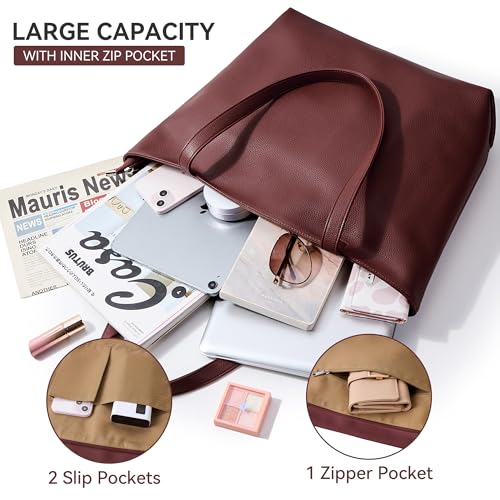 WLLWOO Soft Vegan Leather Tote Bag for Women Large Hobo Zipper Purse | Casual Shoulder Handbags Carryall for Work Daily Weekender Travel Commute - color: Dark Red