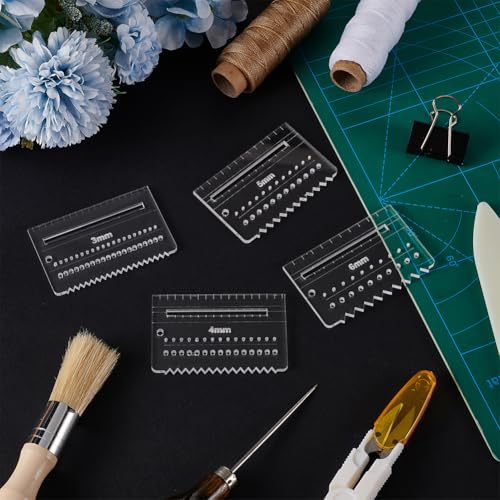 FINGERINSPIRE 4 PCS Clear Acrylic Leather Stitching Aid Plate 3/4/5/6mm Multifuction Stencil Template Leather Punching Tool Ruler Leather Stitching Aid Plate for Pulling Up Pricking Letherworking