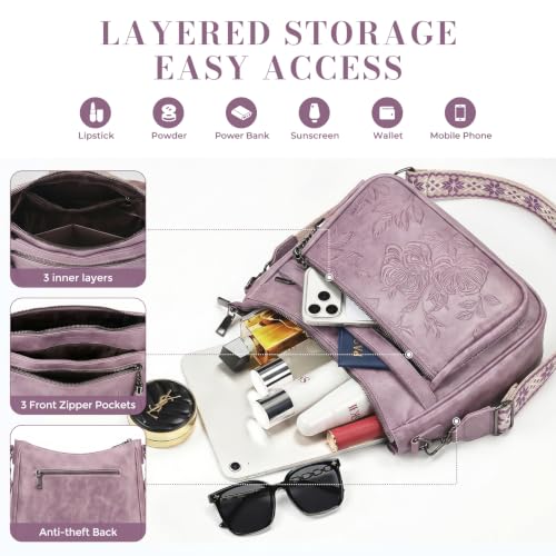 Crossbody Bags for Women, Medium Vegan Leather Purses | Large Capacity Multi-Pocket Embossed Shoulder Bag with Boho Strap for Daily Travel - color: Purple