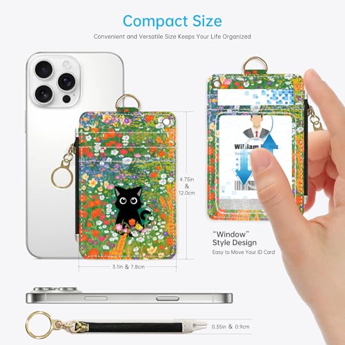 2-in-1 ID Badge Holder & Lanyard Wallet，Cute Zippered Pouch Cat Flowers 2 | for Teachers,Nurse,Professionals，Removable Wristlet & Neck Lanyard,5 Card Slots Stylish Work Essential - color: Cat Hidden Among the Flowers 2