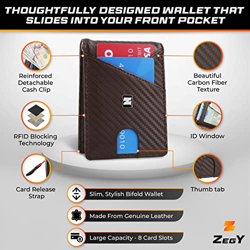 Genuine Leather Slim Carbon Fiber Wallet for Men – Front Pocket Large Capacity Minimalist RFID Card Holder Bifold Wallet With Detachable Money Clip, 8 Slots, ID Window & Release Strap – Brown - color: Brown