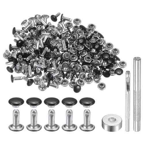 HARFINGTON 100 Sets Leather Rivets 6mm x 8mm Metal Double Cap Rivet Snaps Studs Fasteners with 3pcs Setting Tools Rivets for Leather Craft DIY Decoration, Brilliant Black - color: Brilliant Black, size: 6mm x 8mm