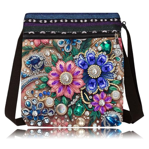 DDGYP 5D Diamond Art Bags, Diamond Art Kits for Adults,8.5x8.7x0.39inch | DIY Diamond Painting Bags for Women,PU Leather Crossbody Bag with Zipper & Adjustable Strap, Flower Pattern - color: Blue