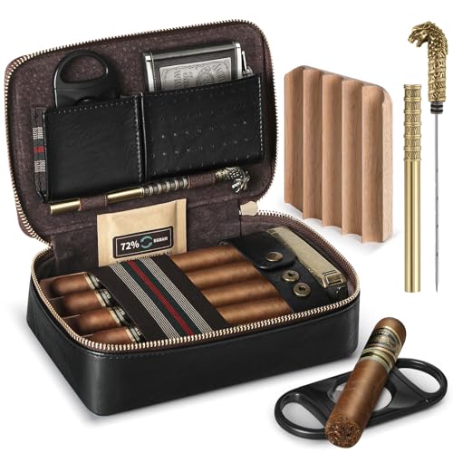 Cigar Humidor, Leather Travel Cigar Case, Portable Cigar Box with Cigar Draw Enhancer and Multifunction Cigar Cutter, Cigar Accessories Gift Set (Black) - color: Black