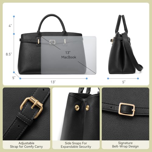 BOSTANTEN Soft Structured Satchel Bag for Women Medium Work Tote Handbag | Commute or everyday, Luxury Pebble Leather or Faux Suede, Professional Style, Removable Strap, Expandable, Giftable Choice - color: Black