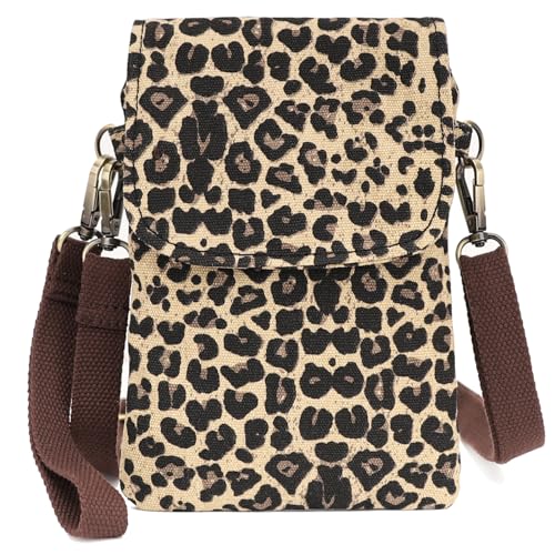 SILKAREA Vintage Embroidered Canvas Flip Small Crossbody Bag Cell Phone Pouch for Women Wristlet Wallet Bag Coin Purse - color: Brown Leopard