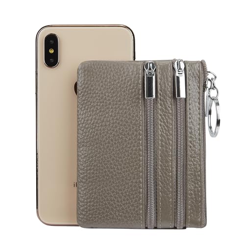 Women Genuine Leather Coin Purse Small Keychain Change Wallet - color: Grey