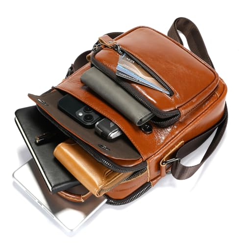 Mens Shoulder Bag Leather Crossbody Bags Leather Sling Bag Messenger Bags | LEBULLBRO Shoulder Bag for Men Crossbody Bags Leather Sling Bag Messenger Bags with Multiple Pockets Business - color: Brown