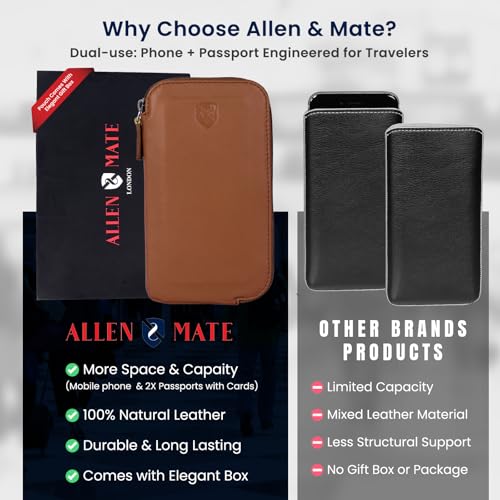 ALLEN & MATE Genuine Leather iPhone Pouch with Zip – Slim Mobile Phone Sleeve Cell Phone Pouch for iPhone 17 Pro Max, 16, 15, Google Pixel 10, Samsung Galaxy S25 & Android Smartphones Tan - color: Tan