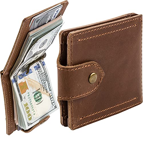 Mens Leather Wallet with Money Clip - ID Window or Coin Pocket - Slim Bifold RFID Blocking - Genuine Thin Minimalist - Gift Idea (Brown) - color: Brown