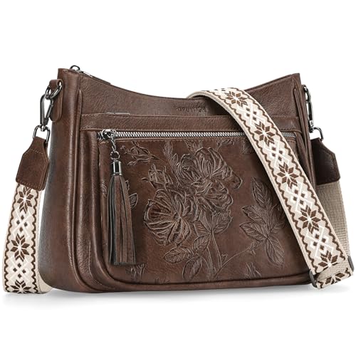 Crossbody Bags for Women, Medium Vegan Leather Purses | Large Capacity Multi-Pocket Embossed Shoulder Bag with Boho Strap for Daily Travel - color: Coffee Brown