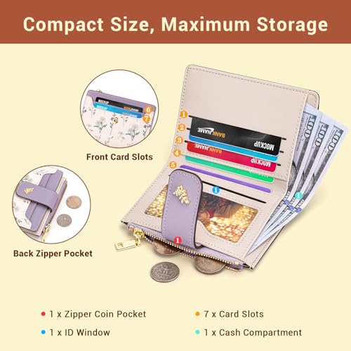 YINHEXI Women’s Wallet, Compact and Small Bifold PU Leather Card Holder, Mini Purse with Coin Pocket for Ladies, Girls (Floral Lavender) - color: Floral Lavender