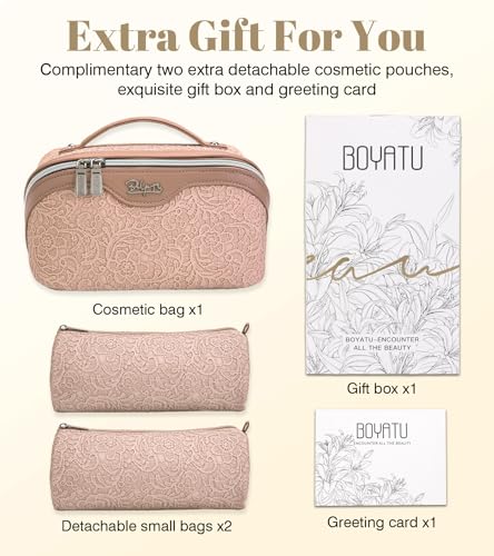 BOYATU Travel Makeup Bags Cosmetic Organizer Bag: 3-Set Large Capacity Make up Bag - PU Leather Toiletry Bags for Women - Wide Open Portable Pouch with Divider & Handle (A-Light Pink) - color: A-Light Pink