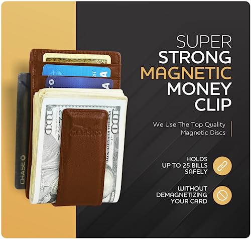 Claasico Men’s Leather Money Clip Wallet – Slim Front Pocket Wallet w/Super Strong Magnetic Clip, RFID Blocking, 5 Card Slots & Center Pocket + ID Window - color: Tan