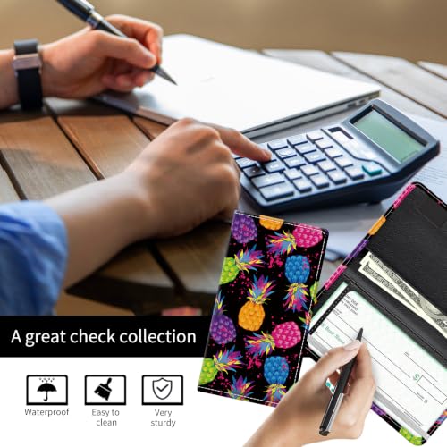 Checkbook Cover for Personal Checkbook, Cute Pu Leather Check Book for Women & Men, Slim Checkbook Holder with Pen Holder and Built-in Clear Plastic Divider, Neon Pineapple - color: Neon Pineapple