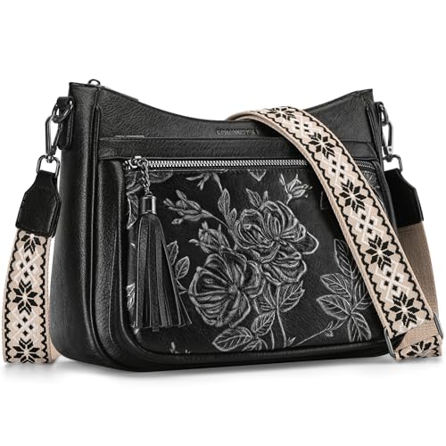 Crossbody Bags for Women, Medium Vegan Leather Purses | Large Capacity Multi-Pocket Embossed Shoulder Bag with Boho Strap for Daily Travel - color: Black Silver