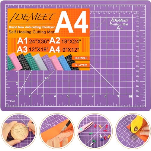 Density-upgraded 9"x12" Self Healing Cutting Mat, Idemeet Rotary Sewing Mat for Crafts, 5-Ply Blade Table Protector Cut Board for Fabric Leather Cutting Quilting Modeling Hobby Project, A4, Purple - color: Purple, size: 12"L x 9"W