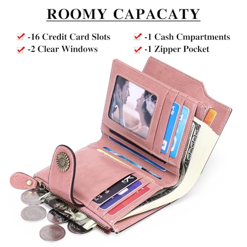 FALAN MULE Small Wallet for Women Leather Bifold Compact Small Womens Wallet with RFID Blocking - color: Pink