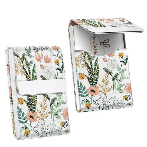 2Pack Leather Stainless Steel Business Card Holder, Metal Slim Business Card Case for Women or Men, Pocket Business Card Carrier with Prints, Magnetic Closure, RFID Blocking - color: Flower-Grass