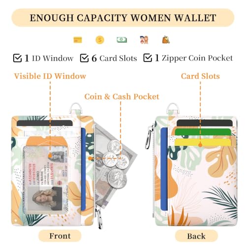 Hancynir Boho Leaves Slim Wallet Women Credit Card Holder, RFID Small Cute | Zipper Pocket Wallet, Thin Travel Coin Purse, Ladies Women Gifts, Minimalist Card Case, 6 Card Slots, ID Window, PU Leather - color: Boho Leaves