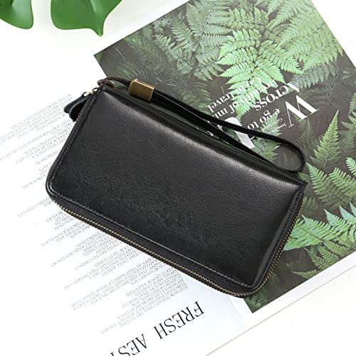 SENDEFN Leather Women Wallet RFID Blocking Zipper Around Phone Holder Clutch Wristlet Large Capacity - color: Elegant Black