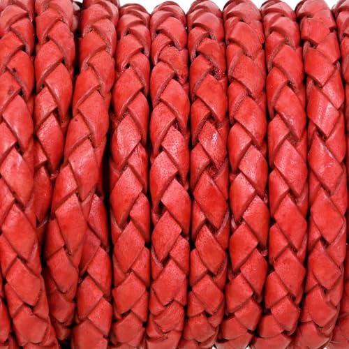 GENIQUE Real/Genuine Round Braided Leather Cord String Rope Folded, Leather Rope for Crafts, Jewelry Making, Necklace, Bracelets (Red Distressed, 5mm) - color: Red Distressed, size: 5mm