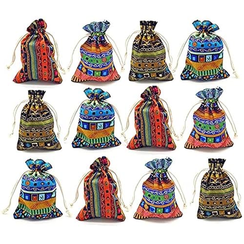 GALAOMA 24pc Egyptian Style Jewelry Coin Pouch Print Drawstring Gift Bag | Cotton Sachet Candy Travel Purse Ethnic Reusable Grocery for Party Favors Wedding Holiday - color: Egypt 24