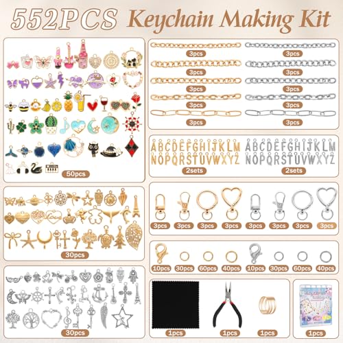 Zefy 552Pcs Charms Lipgloss Keychain Making Kit, DIY Bag Charm Gold Silver | 214 Charms & Letter, 24 Key Chain Clips with Organizer Box, 30 Extender Chains, Craft Supplies for Jewelry Making and Gifts - color: Gold Silver