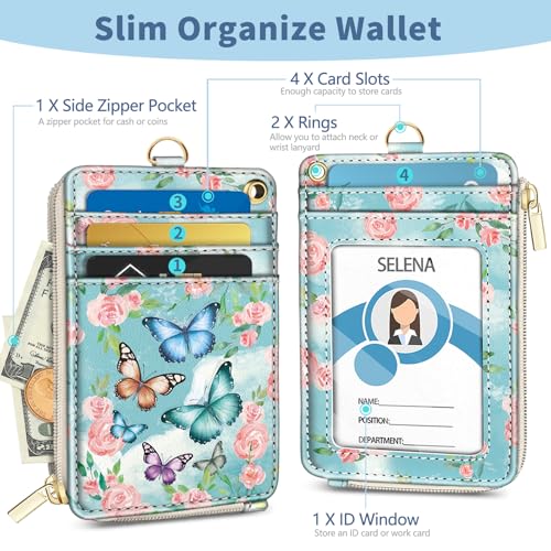 Butterfly Lanyard Wallet with Id Badge Holder Keychain Card Women - color: Butterfly Flower
