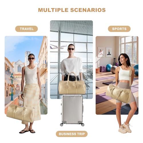 Weekender Bags for Women Woven Leather Travel Duffle Bag Gym Tote (Gold) | Carry On Bag for Men with Shoe Compartment Dry and Wet Separation - color: Gold