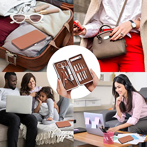 Manicure Set, FAMILIFE Professional Manicure Kit Nail Kit Mens Grooming Tools Pedicure Tool 9PCS Gifts for Men Boyfriend Stainless Steel Nail Clipper Set Leather Case Brown - color: Dark-brown